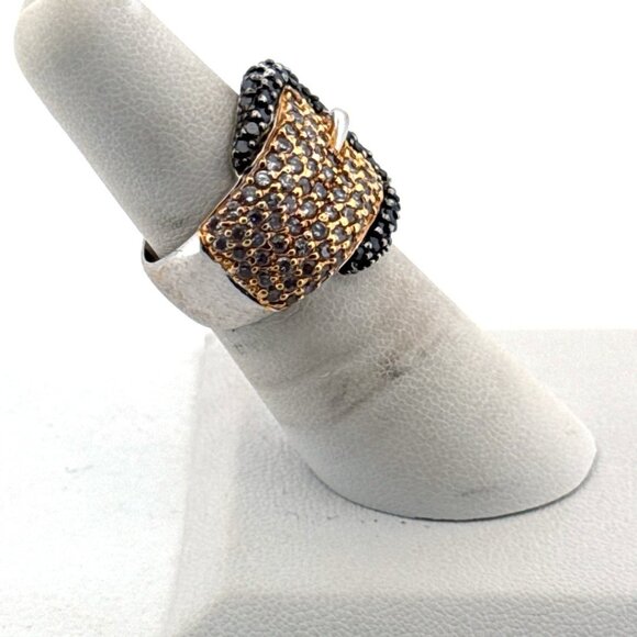 Estate Sterling Silver 925 Buckle Ring Black White CZ Two-Tone Size 6 Vintage - Picture 2 of 8